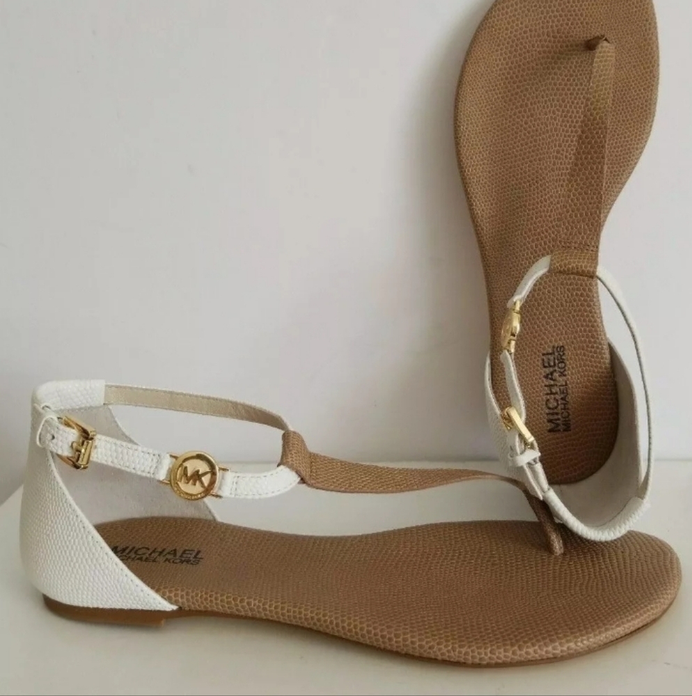 Michael Kors Tan and White T-Strap Sandals